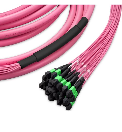 Pre-terminated MPO 4x4 Shuffle Trunk Cable, 256 Fibers, 32xMPO-8 APC (Male) to 32xMPO-8 APC (Male), Multimode (OM4), Type 4, LSZH, 0.35dB Max, Breakout 80cm, Magenta