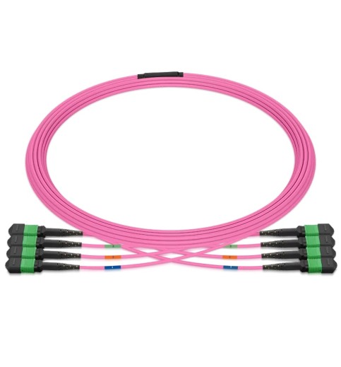 MPO 4x4 Shuffle Breakout Cable, 32 Fibers, 4xMPO-8 APC (Female) to 4xMPO-8 APC (Female), Multimode (OM4), Type 4, LSZH, 3.0mm, Max IL ≤ 0.35dB, Magenta