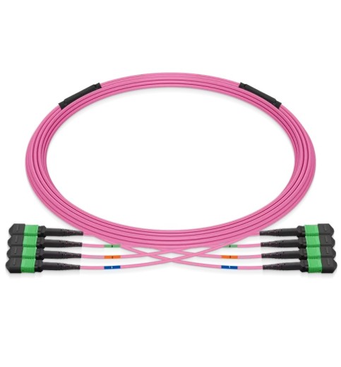 Pre-terminated MPO 4x4 Shuffle Trunk Cable, 32 Fibers, 4xMPO-8 APC (Female) to 4xMPO-8 APC (Female), Multimode (OM4), Type 4, LSZH, 0.35dB Max, Breakout 5m, Magenta Pre-terminated MPO 4x4 Shuffle Trunk Cable, 32 Fibers, 4xMPO-8 APC (Female) to 4xMPO-8 APC (Female), Multimode (OM4), Type 4, LSZH, 0.35dB Max, Breakout 5m, Magenta