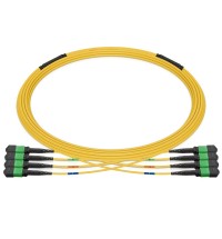 Pre-terminated MPO 4x4 Shuffle Trunk Cable, 32 Fibers, 4 x MPO-8 APC (Female) to 4 x MPO-8 APC (Female), Single Mode (OS2), Type 4, OFNP, 0.35dB Max, Breakout 5m, Yellow