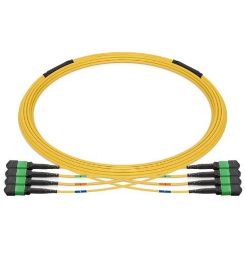 Pre-terminated MPO 4x4 Shuffle Trunk Cable, 32 Fibers, 4 x MPO-8 APC (Female) to 4 x MPO-8 APC (Female), Single Mode (OS2), Type 4, OFNP, 0.35dB Max, Breakout 5m, Yellow