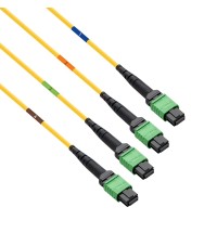 Pre-terminated MPO 4x4 Shuffle Trunk Cable, 32 Fibers, 4 x MPO-8 APC (Female) to 4 x MPO-8 APC (Female), Single Mode (OS2), Type 4, 0.35dB Max, Breakout 5m, Yellow