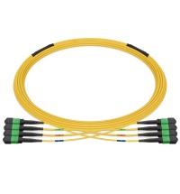 Pre-terminated MPO 4x4 Shuffle Trunk Cable, 32 Fibers, 4 x MPO-8 APC (Female) to 4 x MPO-8 APC (Female), Single Mode (OS2), Type 4, 0.35dB Max, Breakout 5m, Yellow