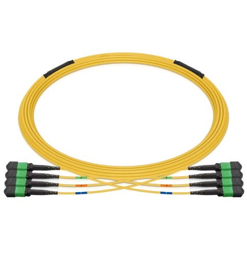 Pre-terminated MPO 4x4 Shuffle Trunk Cable, 32 Fibers, 4 x MPO-8 APC (Female) to 4 x MPO-8 APC (Female), Single Mode (OS2), Type 4, LSZH, 0.35dB Max, Breakout 5m, Yellow