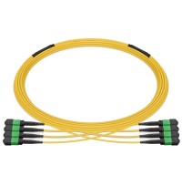 Pre-terminated MPO 4x4 Shuffle Trunk Cable, 32 Fibers, 4 x MPO-8 APC (Male) to 4 x MPO-8 APC (Male), Single Mode (OS2), Type 4, LSZH, 0.35dB Max, Breakout 80cm, Yellow
