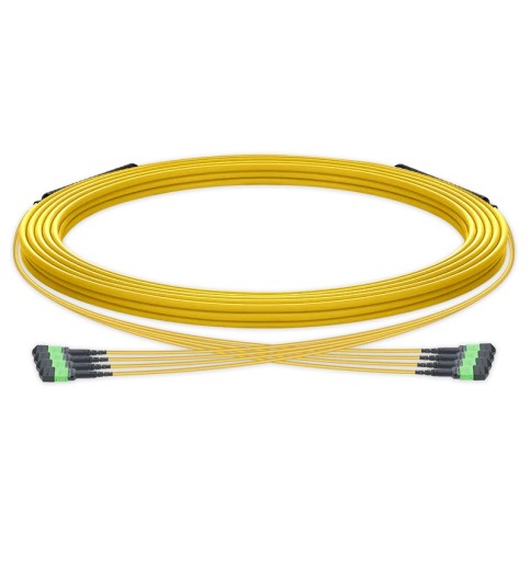 Pre-terminated MPO trunk cable, 48 Fibers, 4 x MPO-12 APC (Male) to 4 x MPO-12 APC (Male) Single Mode (OS2) Type B, LSZH（OFNR）, 0.35dB Max, Yellow, breakout 80cm