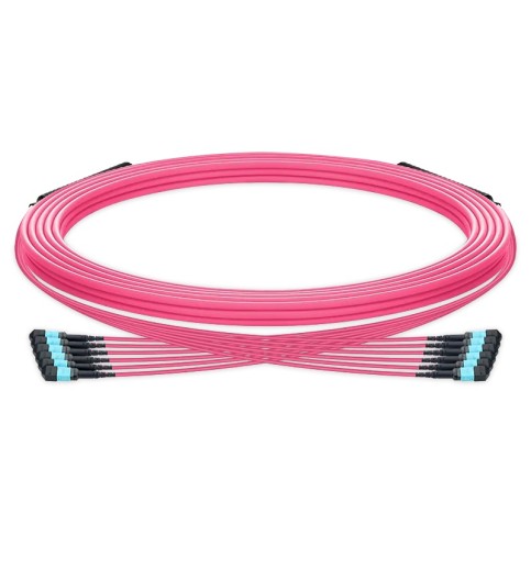 Pre-terminated MPO trunk cable, 72 Fibers, 6 x MPO-12 UPC (Male) to 6 x MPO-12 UPC (Male) Multimode (OM4) Type B, LSZH（OFNR）, 0.35dB Max, Magenta, breakout 80cm