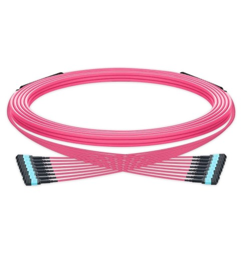 Pre-terminated MPO trunk cable, 96 Fibers, 8 x MPO-12 UPC (Male) to 8 x MPO-12 UPC (Male) Multimode (OM4) Type B, LSZH（OFNR）, 0.35dB Max, Magenta, breakout 80cm