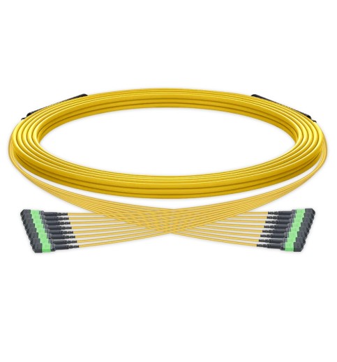 Pre-terminated MPO trunk cable, 96 Fibers, 8 x MPO-12 APC (Male) to 8 x MPO-12 APC (Male) Single Mode (OS2) Type B, LSZH（OFNR）, 0.35dB Max, Yellow, breakout 80cm
