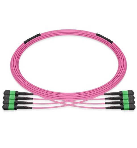 Pre-terminated MPO 4x4 Shuffle Trunk Cable, 32 Fibers, 4xMPO-8 APC (Male) to 4xMPO-8 APC (Male), Multimode (OM4), Type 4, OFNP, 0.35dB Max, Breakout 80cm, Magenta Pre-terminated MPO 4x4 Shuffle Trunk Cable, 32 Fibers, 4xMPO-8 APC (Male) to 4xMPO-8 APC (Male), Multimode (OM4), Type 4, OFNP, 0.35dB Max, Breakout 80cm, Magenta