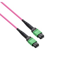 Pre-terminated MPO 2x2 Shuffle Trunk Cable, 16 Fibers, 2xMPO-8 APC Male to 2xMPO-8 APC Male, Multimode (OM4), Type 2, LSZH, 0.35dB Max, Breakout 80cm, Magenta