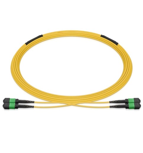 Pre-terminated MPO 2x2 Shuffle Trunk Cable, 16 Fibers, 2xMPO-8 APC Male to 2xMPO-8 APC Male, Single Mode (OS2), Type 2, OFNP, 0.35dB Max, Breakout 80cm, Yellow