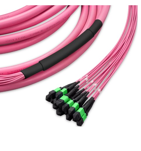 Pre-terminated MPO Trunk Cable, 192 Fibers, 16 x MPO-12 APC (Female) to 16 x MPO-12 APC (Female) Multimode (OM4) Type B, LSZH, 0.35dB Max, Breakout 3m, Double Jacket, Magenta
